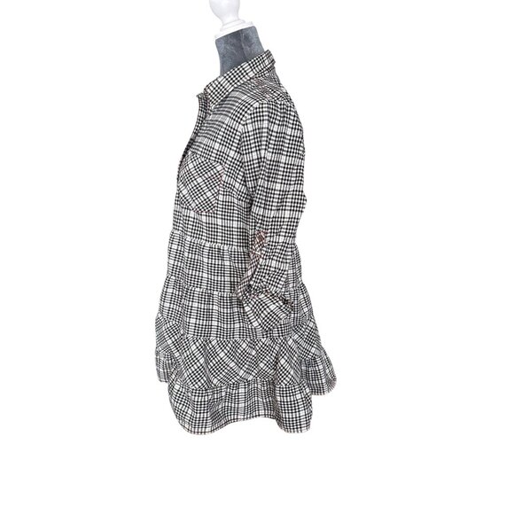 Ryan Michael Womens Black & White Plaid Button-Down Tunic Shirt With Ruffle Hem - Picture 2 of 6